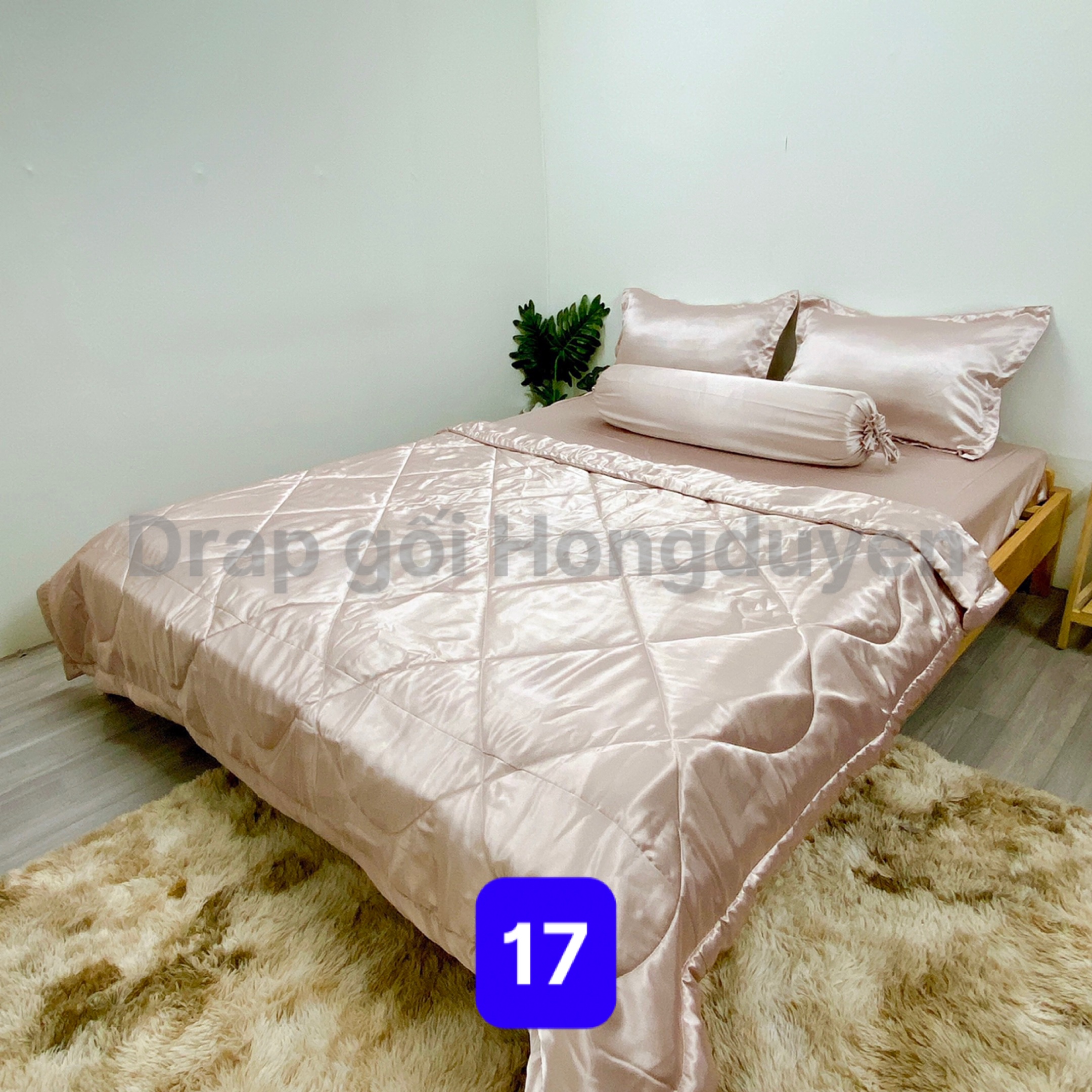 Trọn bộ chăn-vỏ gối-ga phi bóng 1m6/1m8 trơn hồng da 17. Bộ drap phi bóng 1 màu. Bộ grap phi bóng. Bộ drap phi lụa. Bộ grap phi lụa. Bộ ga phi lụa. Ga giường - drap giường - grap giường - ra giường.