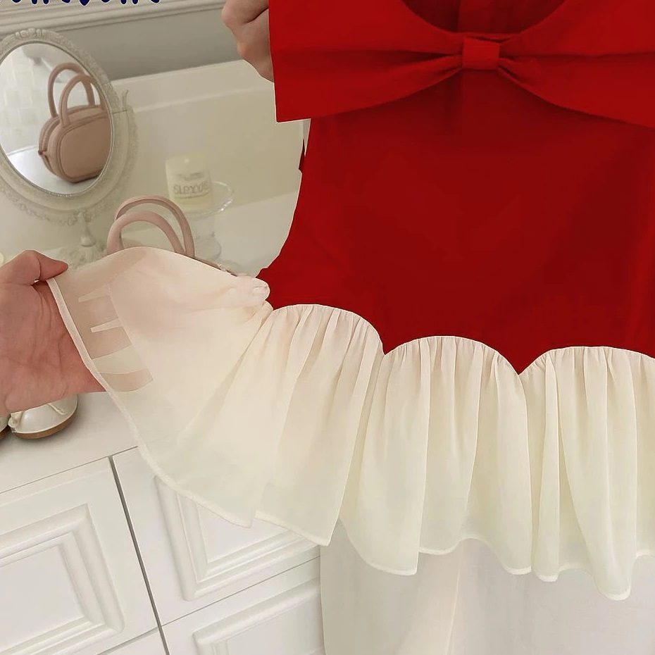 Đầm Xoè Bé Gái Tiểu Thư  Đầm Kate Cổ Nơ Phối Voan Sang Chảnh Từ 12-36kg Dành Cho Bé Gái