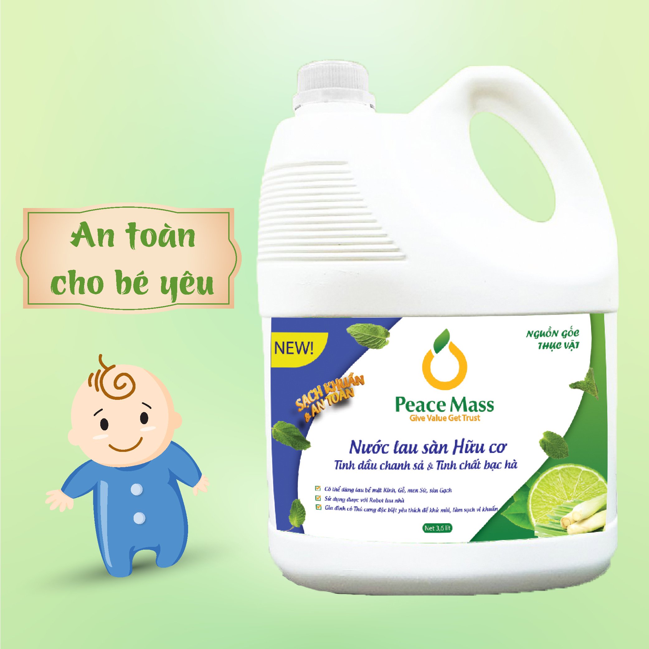 Combo Sản Phẩm Gốc Thực Vật NGB4 Peace Mass Nước Giặt Xả 2 in 1 3.6 l + Nước Lau Sàn TD Chanh Sả -Bạc Hà 3.6l (Thuộc nhóm Sản phẩm Lành tính / Hữu cơ)