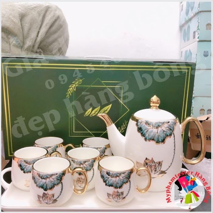 Bộ ấm chén sứ sen xanh viền vàng cao cấp mã Y16-1