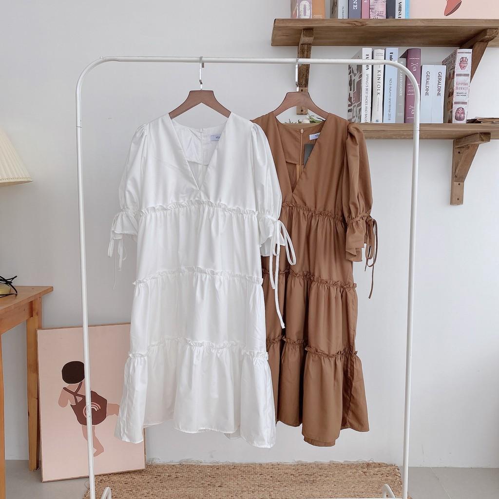 Váy suông babydoll 3 tầng, cổ V, đầm xuông rộng freesize, tay bo phồng buộc nơ 2 màu mã V173 - Michi's House