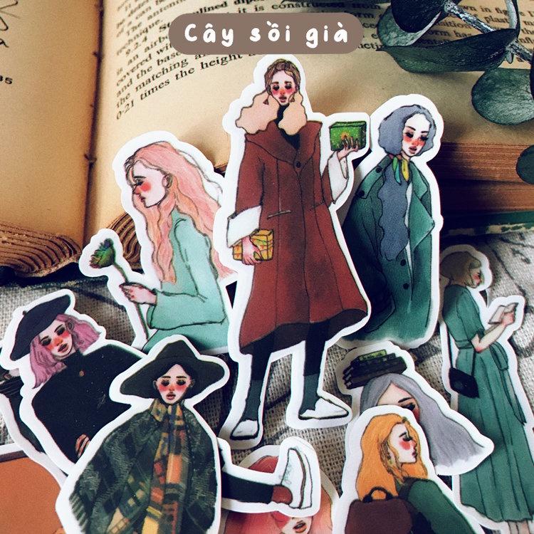 S100 - Set 14 stickers giấy cô gái mùa đông Winter Girl vintage cổ điển trang trí sổ bullet journal, junk journal