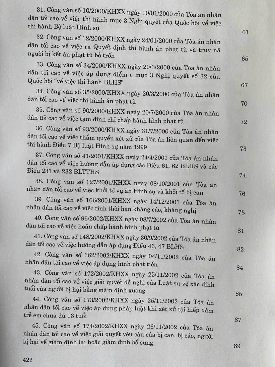 Hệ thống Công văn hướng dẫn nghiệp vụ của Tòa án nhân dân tối cao trong lĩnh vực Hình sự và Tố tụng Hình sự (từ năm 1987 đến năm 2023)