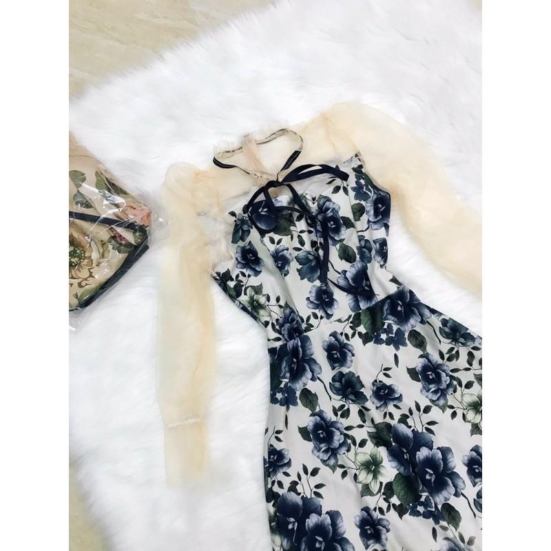 Đầm hoạ tiết hoa phối lưới có nơ cổ phong cách tiểu thư sang chảnh kèm hình thật