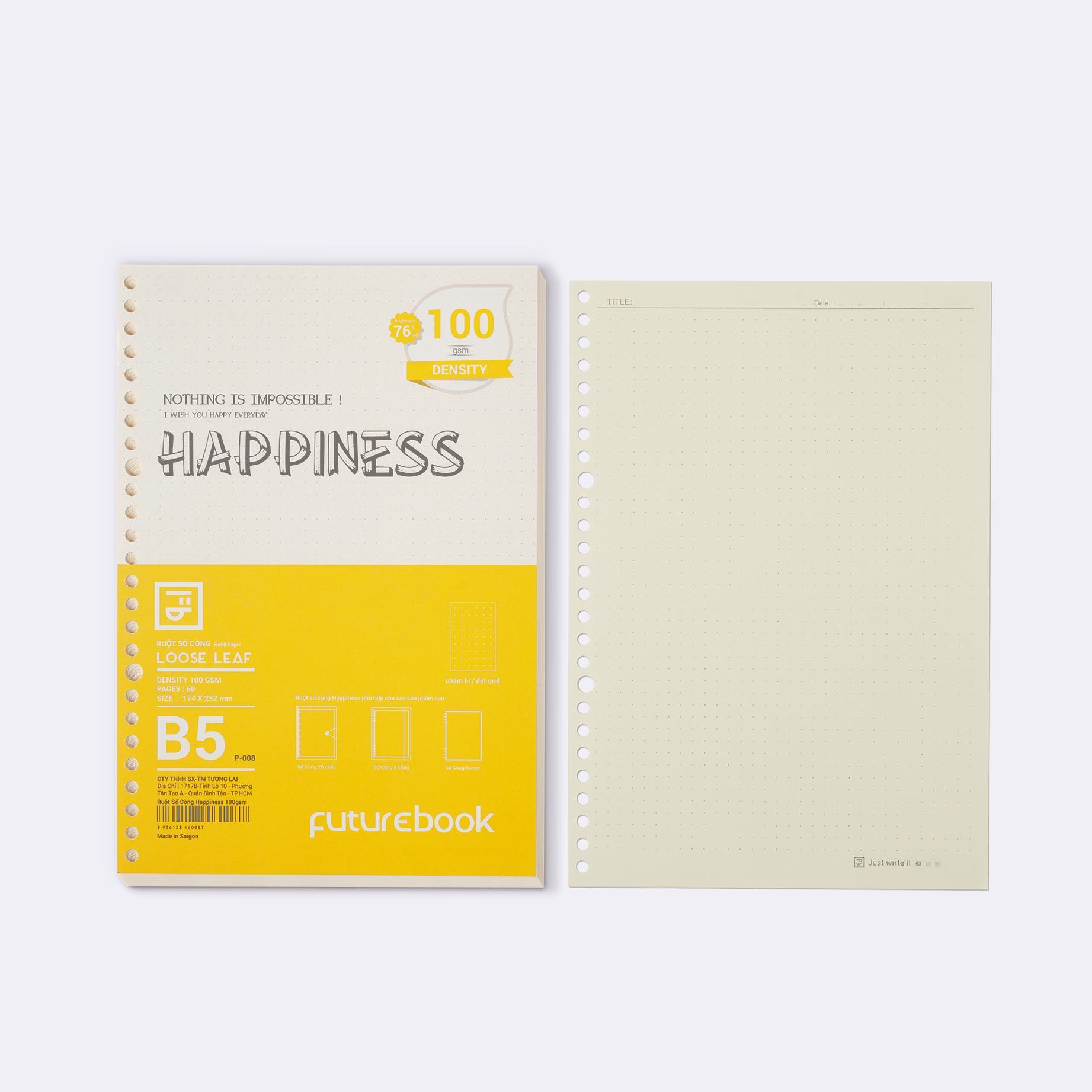 Giấy refill ruột sổ còng Binder Happiness B5 26 lỗ, caro chấm dot kẻ ngang, làm sổ tay planner FUTUREBOOK Mã P008