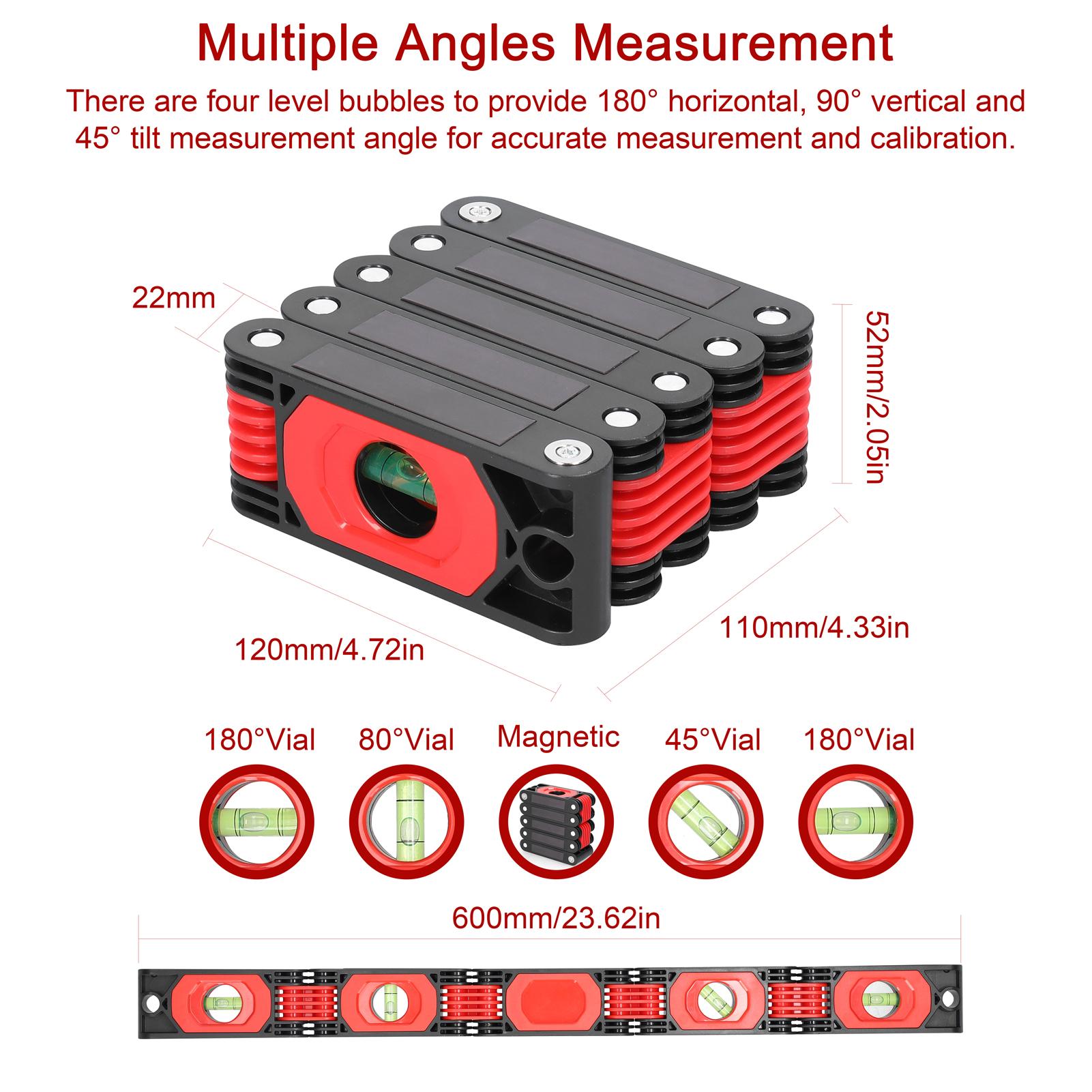 600mm Foldable Level Ruler 45° 90° 180° Multi-Angle Level Measuring Tool Corners Stairs Scriber 4 Easy-Read Level Bubbles with Magnets Woodworking Utility Tools for Carpenters Woodworkers