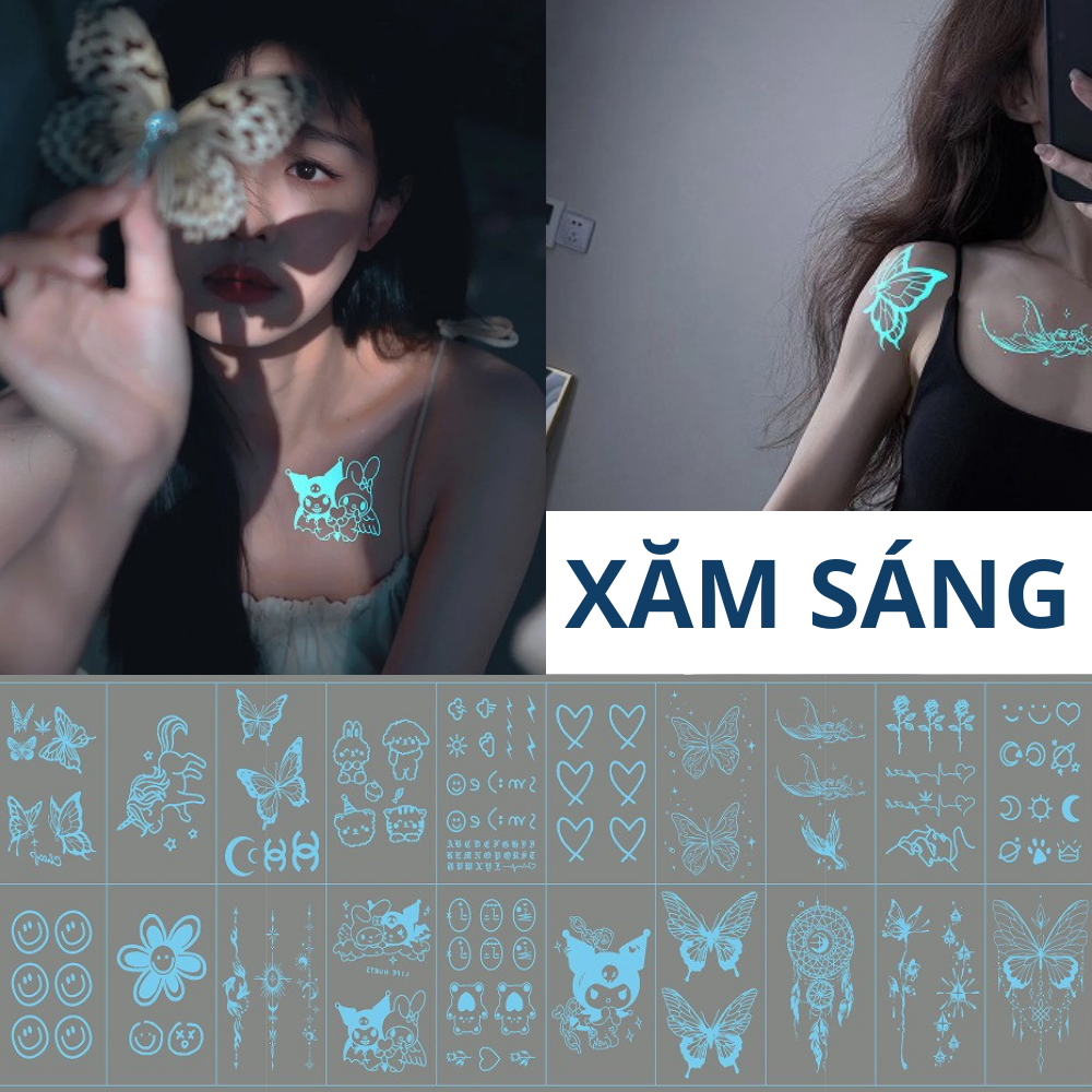 Set 20 Tờ Hình Xăm Phát Sáng Miếng Dán Tattoo Tạm Chời Hình Bướm, Trái Tim, Gấu, Mặt Cười, Hoa