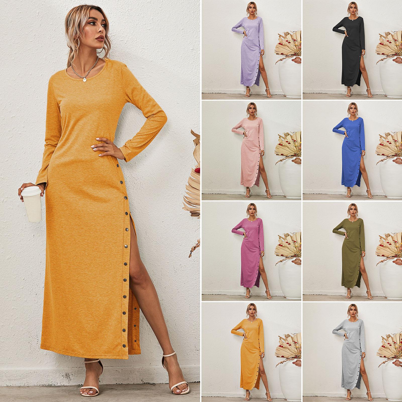 Sexy Women Solid Color Dress O Neck Long Sleeve High Split Buttons Casual Slim Long Dress