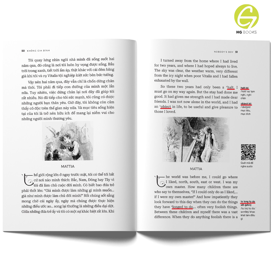 Sách - Không gia đình - Sách song ngữ văn học kinh điển, tặng kèm file nghe &amp; note từ vựng, combo 2 cuốn - HG Books