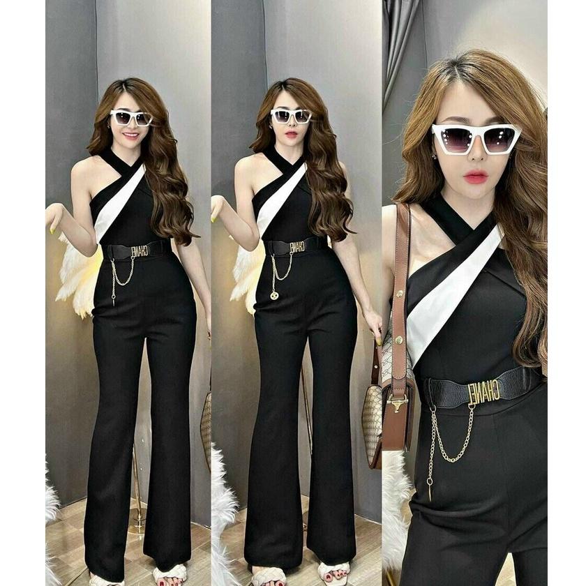 Jumpsuit dài cổ yếm dây chéo phối màu sang chảnh
