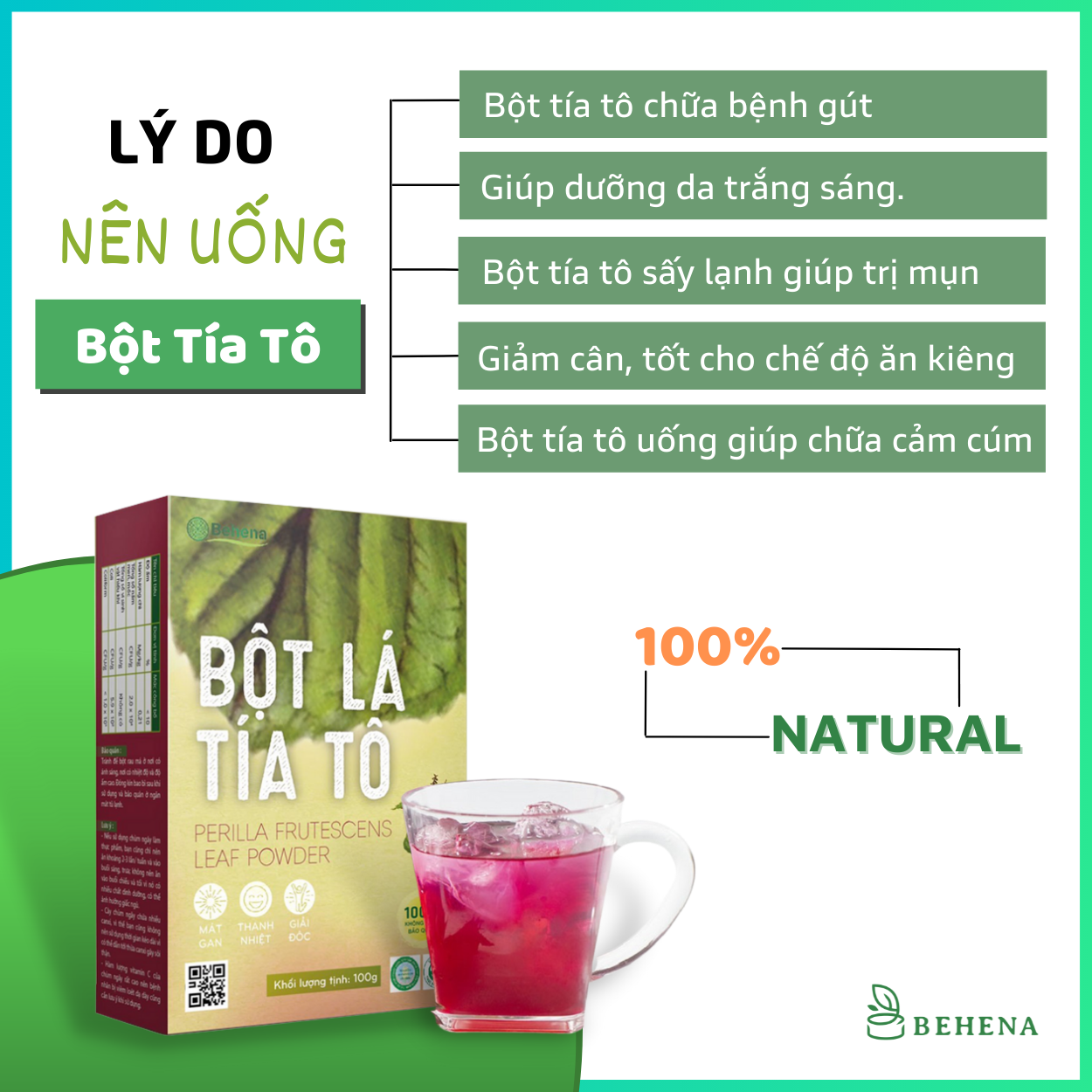 Bột tía tô nguyên chất Behena sấy lạnh công nghệ Nhật Bản giải độc gan hộp 50g
