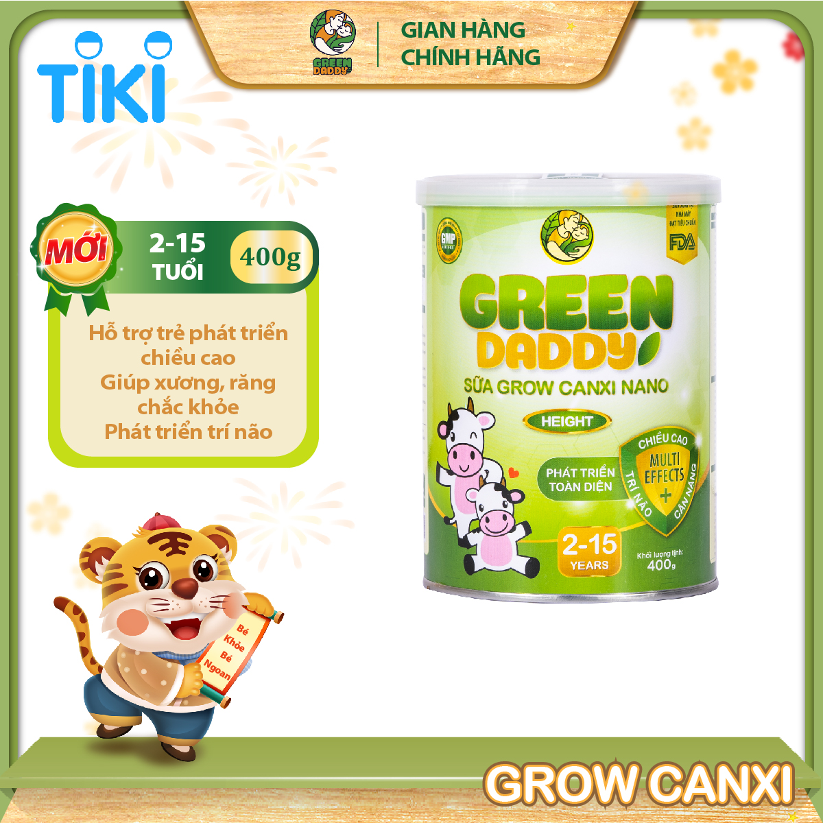 Sữa bột tăng chiều cao Green Daddy Grow canxi nano lon 400g, hỗ trợ phát triển toàn diện, trí não và cân nặng, dành cho bé từ 2 - 15 tuổi