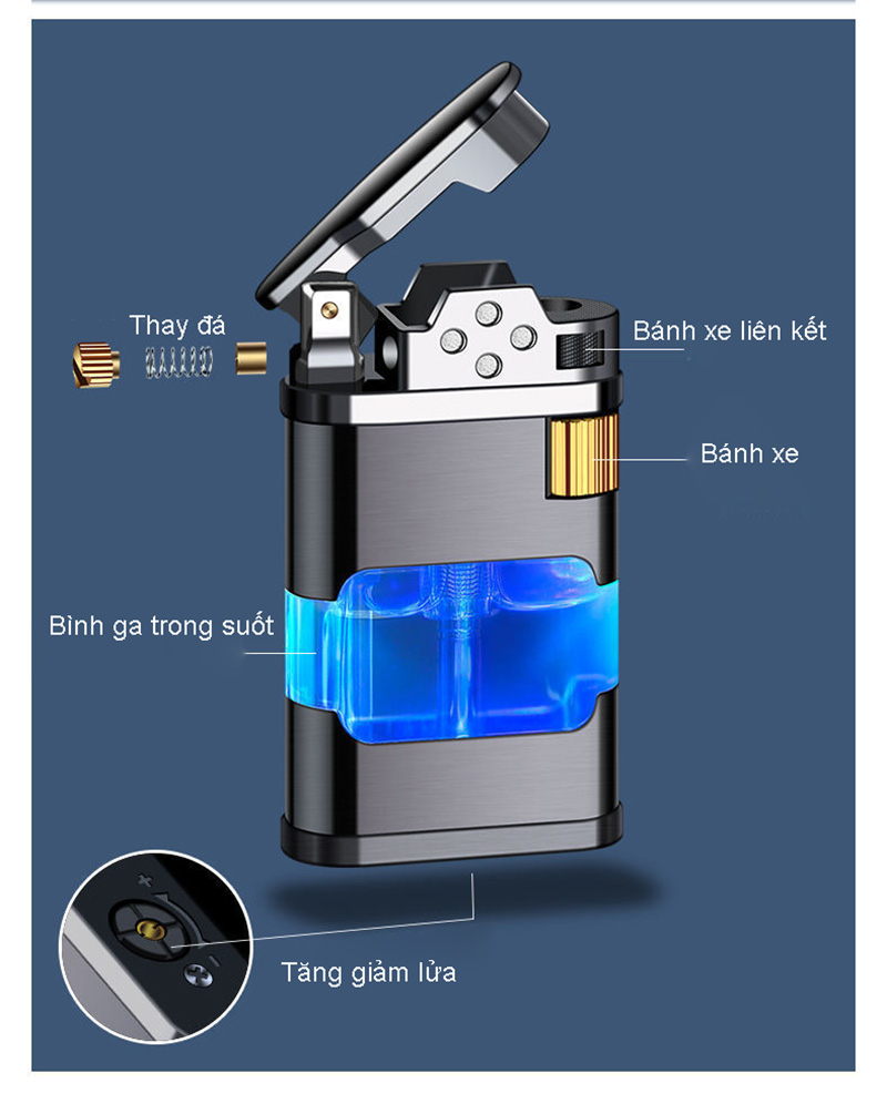 Vỏ Hột Quẹt Bật Lửa Khè Gas AB905 Khò 1 Tia Mạnh Mẽ Thân Bật Lửa Lộ Thiên Trong Suốt Đèn Led Nhấp Nháy Cực Đẹp-Có Hộp