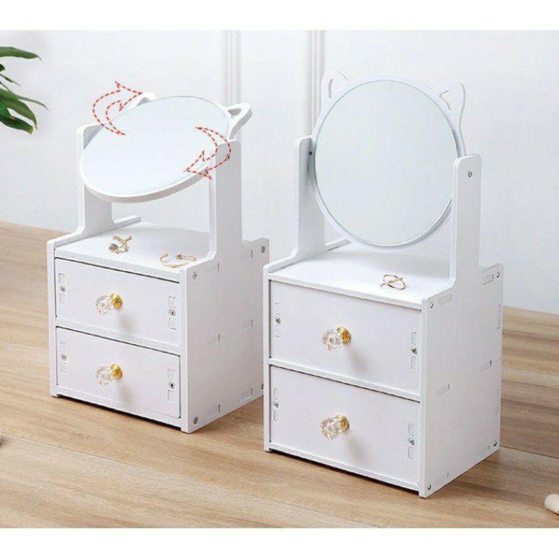 Kệ gỗ 2 tầng để bàn kèm gương tai mèo
