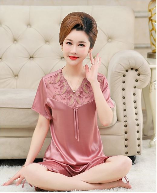 Bộ Đồ Lụa Mặc Nhà Phối Ren Trung Niên Cho Mẹ Mềm Đẹp AB38 - Hàng Quảng Châu Cao Cấp