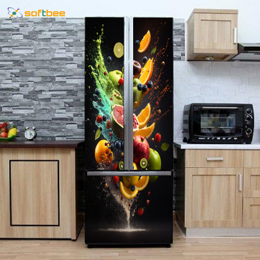 Tranh dán tủ lạnh in hình hoa quả phông đen, chất liệu decal chống nước, gồm 4 kích thước chọn lựa