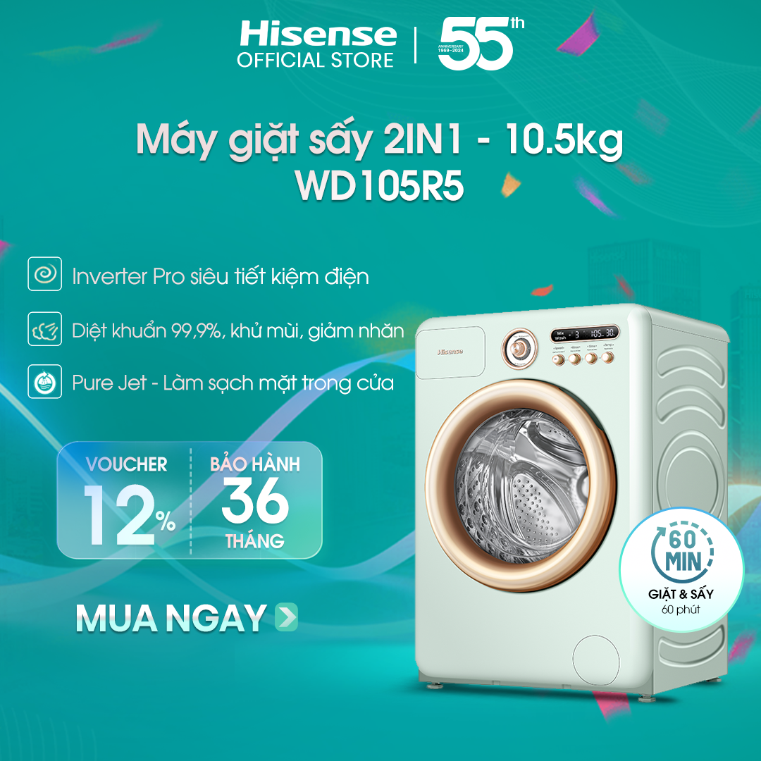 Máy giặt sấy Hisense 10.5kg Inverter Pro WD105R5 Diệt khuẩn Khử mùi 99.9%, Ngừa dị ứng, Giặt AI - HÀNG CHÍNH HÃNG