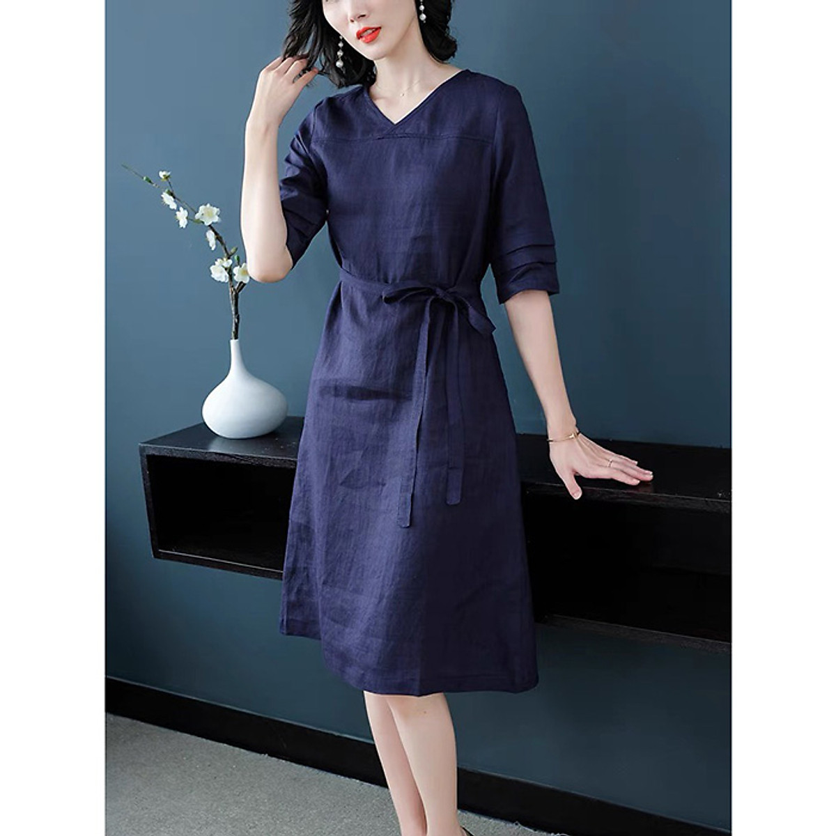 Đầm suông Linen bột Premium cổ tim chồng tay lỡ