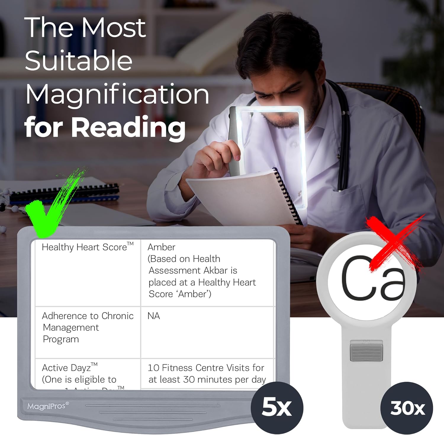 Kính lúp đọc sách cỡ lớn cao cấp Magnipros 1820GY+ST- FBA (5X, có đèn led 3 chế độ màu vô cấp để giảm mỏi mắt, có khung đỡ) (Hàng chính hãng)