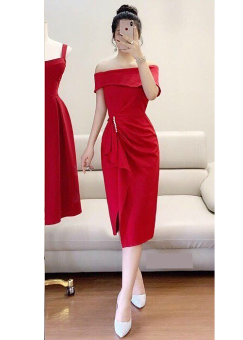 Đầm Ôm Body Trễ Vai Đính Hạt Xẻ Tà Thời Trang