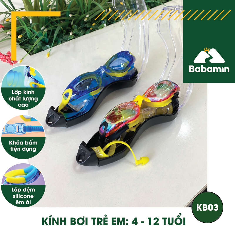 Kính Bơi Trẻ Em 4 - 12 Tuổi Cao Cấp - Kèm Bịt Tai, Tráng Gương, Có Hộp Đựng - KB03