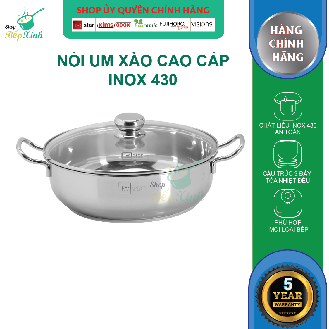 Nồi lẩu 3 đáy inox 430 Fivestar sử dụng bếp từ nắp kính tặng 2 vá canh