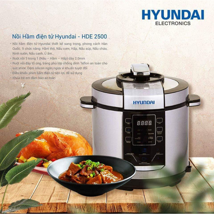 Nồi Hầm Điện Tử Đa Năng Hyundai HDE 2500S Dung Tích 6L, Nồi Áp Suất, Nồi Hầm, Nồi Hấp - Hàng chính hãng