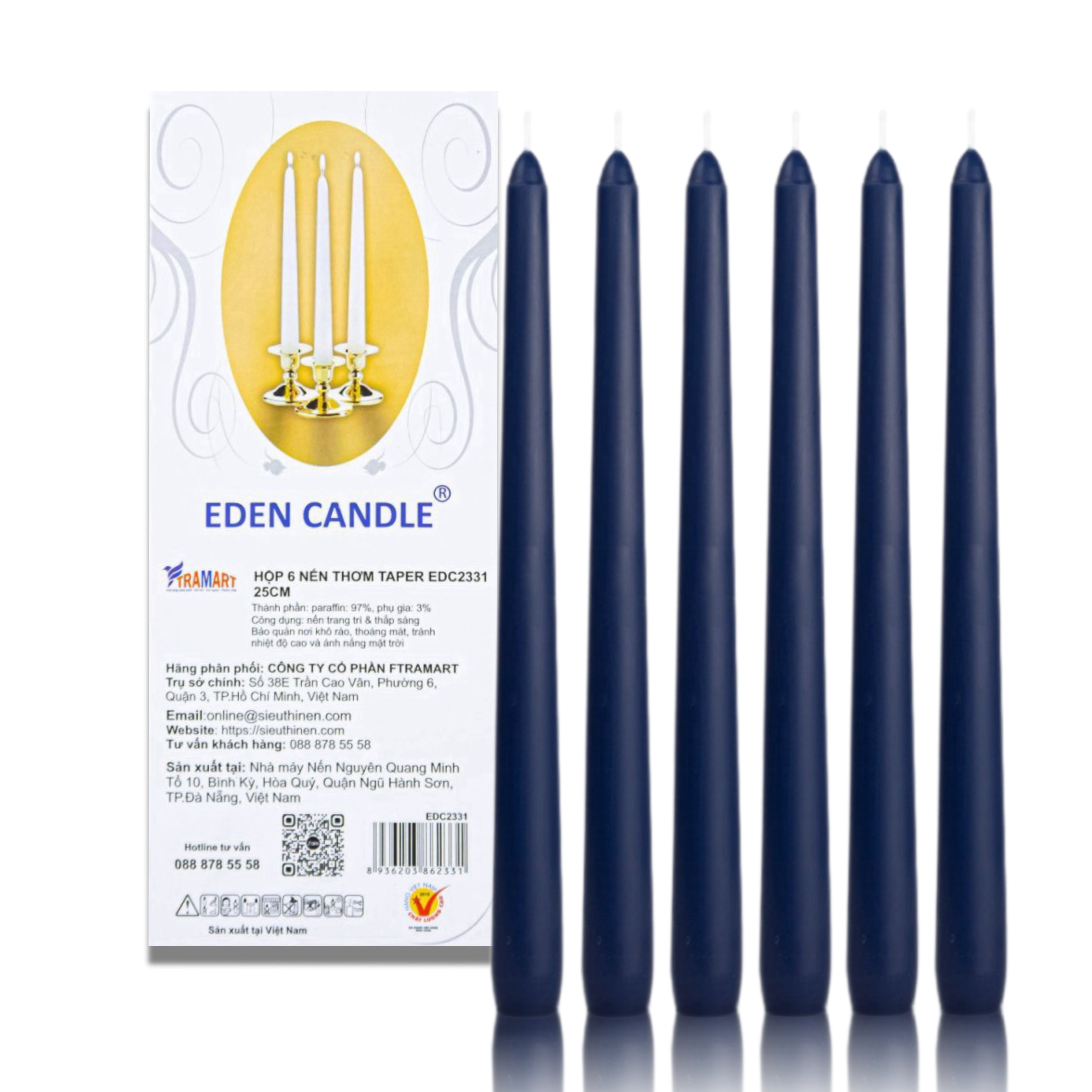 [Hộp 6 nến] Nến thơm taper Eden Candle FTRAMART EDC2331 (Xanh navy), cao 25 cm, phù hợp tất cả các chân nến theo tiêu chuẩn nến taper