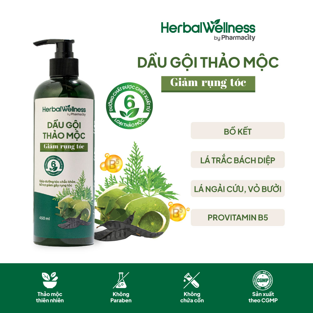 Dầu gội thảo mộc giảm rụng tóc Herbal Wellness by Pharmacity chai 450ml