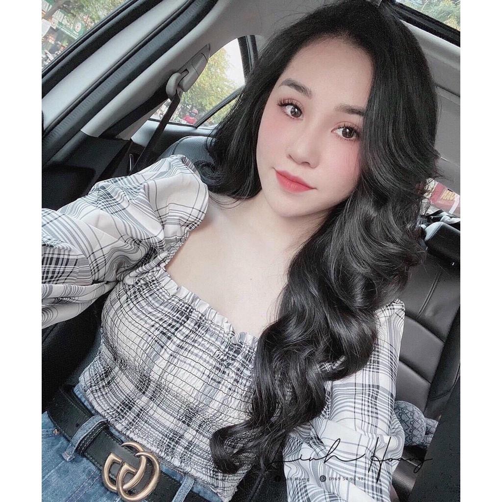 Áo cổ vuông Gamyy áo kẻ xám tay bồng bo eo dài tay co giãn