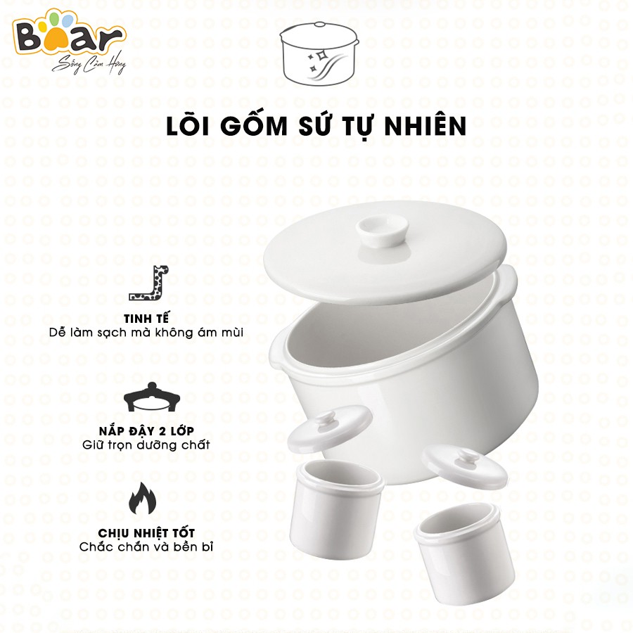 Nồi nấu cháo chậm, ninh hầm cách thuỷ bear 1.6L ( kèm 2 thố nhỏ 0.5L và lồng hấp) Bản quốc tế