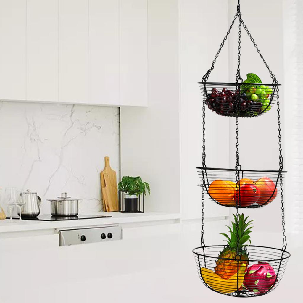 3-Tier Iron Hanging Fruit Basket Organizer for Kitchen Dining Room Table
