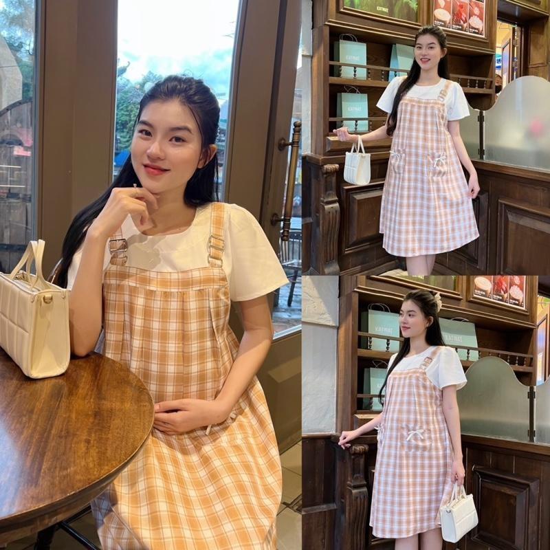 Đầm bầu yếm liền Karo phối túi dễ thương, xinh xắn chất cotton lụa Váy Bầu Năng Động - Đen