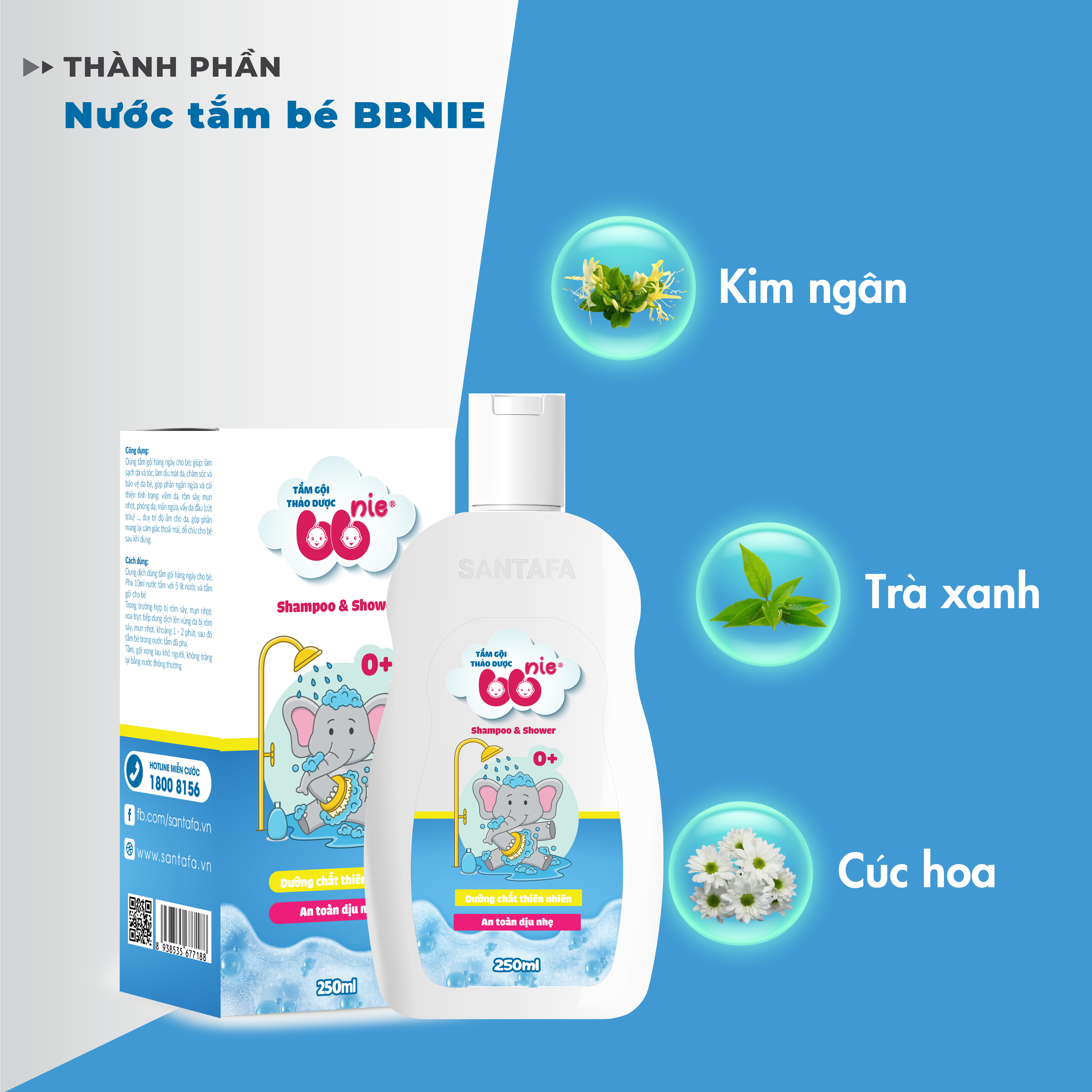 Nước tắm gội thảo dược BBNIE - Chăm sóc và duy trì độ ẩm cho da, ngăn ngừa và cải thiện tình trạng: Viêm da, rôm sảy, mụn nhọt, phỏng dạ, mẩn ngứa, vảy da đầu - Chai 250ml