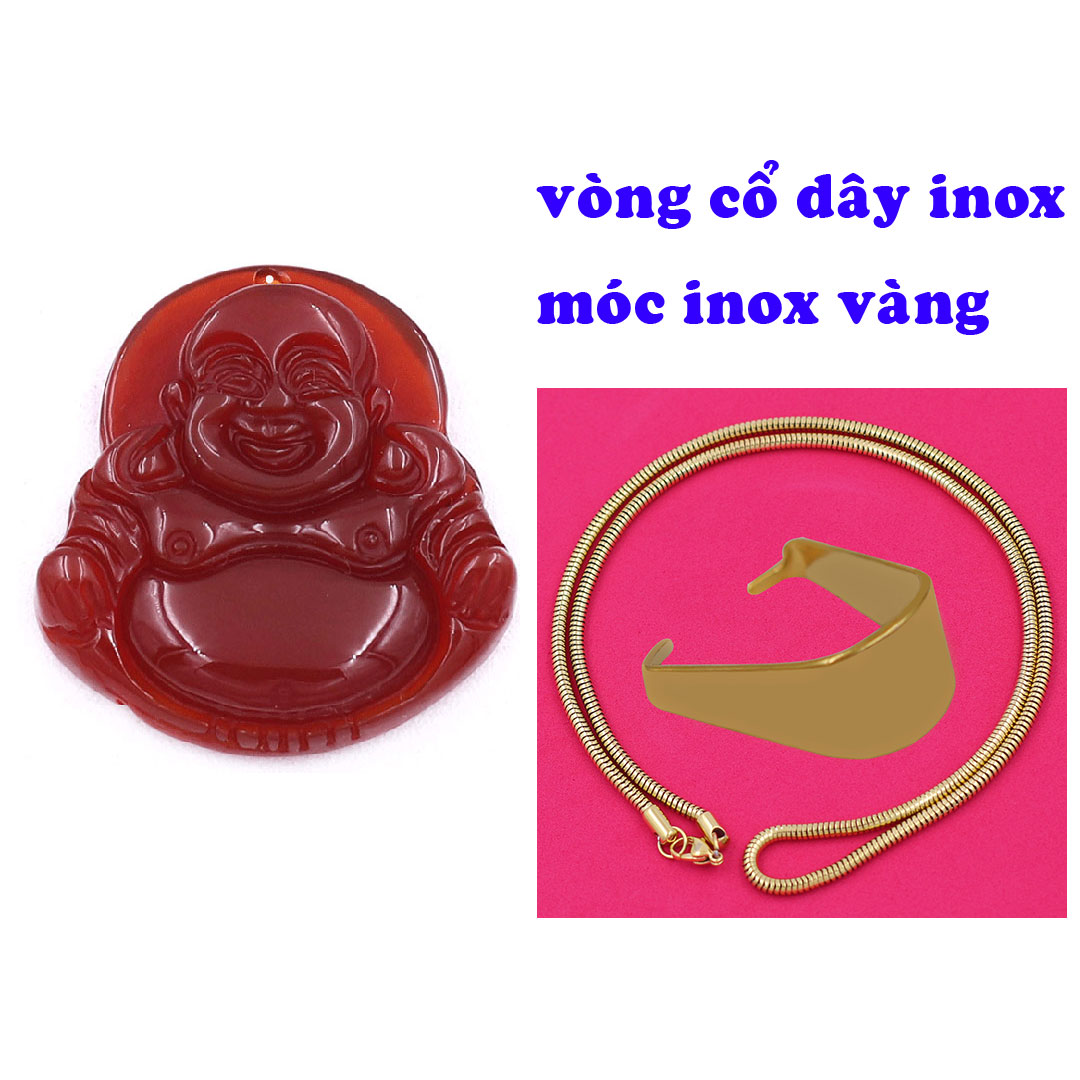 Mặt Phật Di lặc mã não đỏ 2.9 cm kèm vòng cổ dây chuyền inox rắn vàng + móc inox vàng, mặt dây chuyền Phật cười