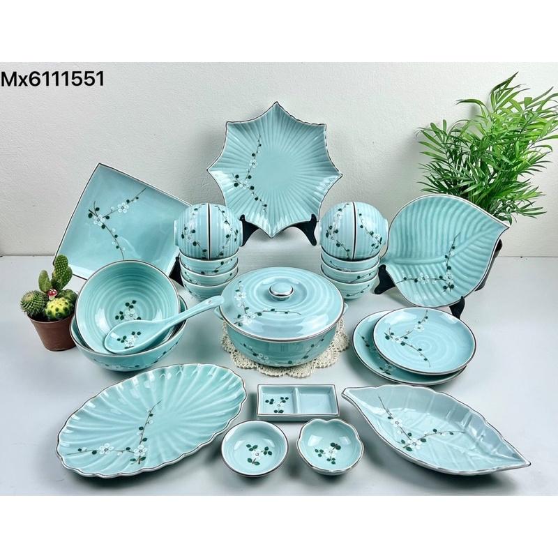 Set bát đĩa men ngọc 23- 25 món. Gốm sứ Bát Tràng cao cấp.