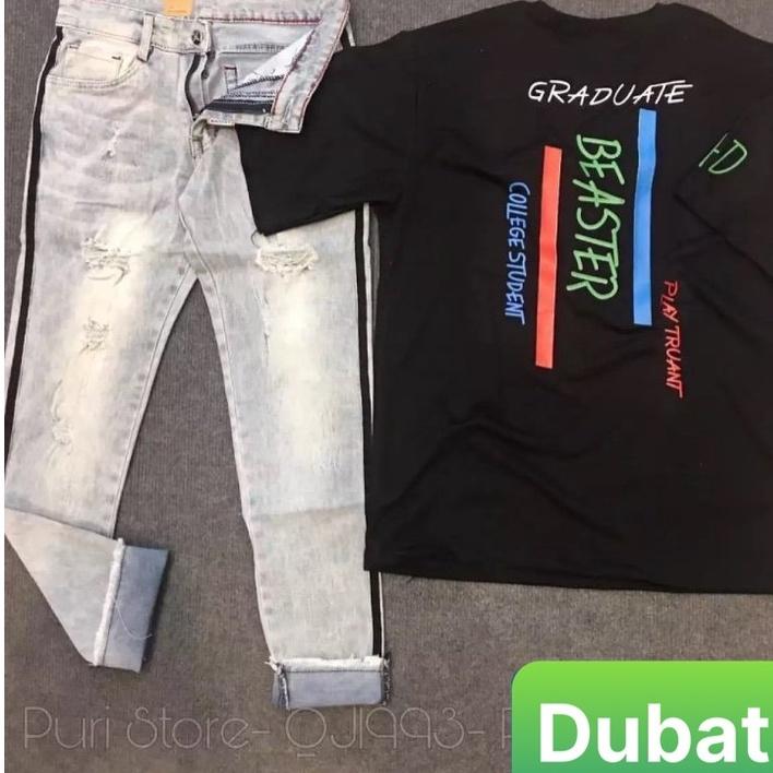 QUẦN BAGGY JEAN NAM UNISEX CHẤT BÒ TRẮNG XANH 2 SỌC RÁCH SOÁI KA NHẬP THÁI - DB 1993- DUBATI FASHION