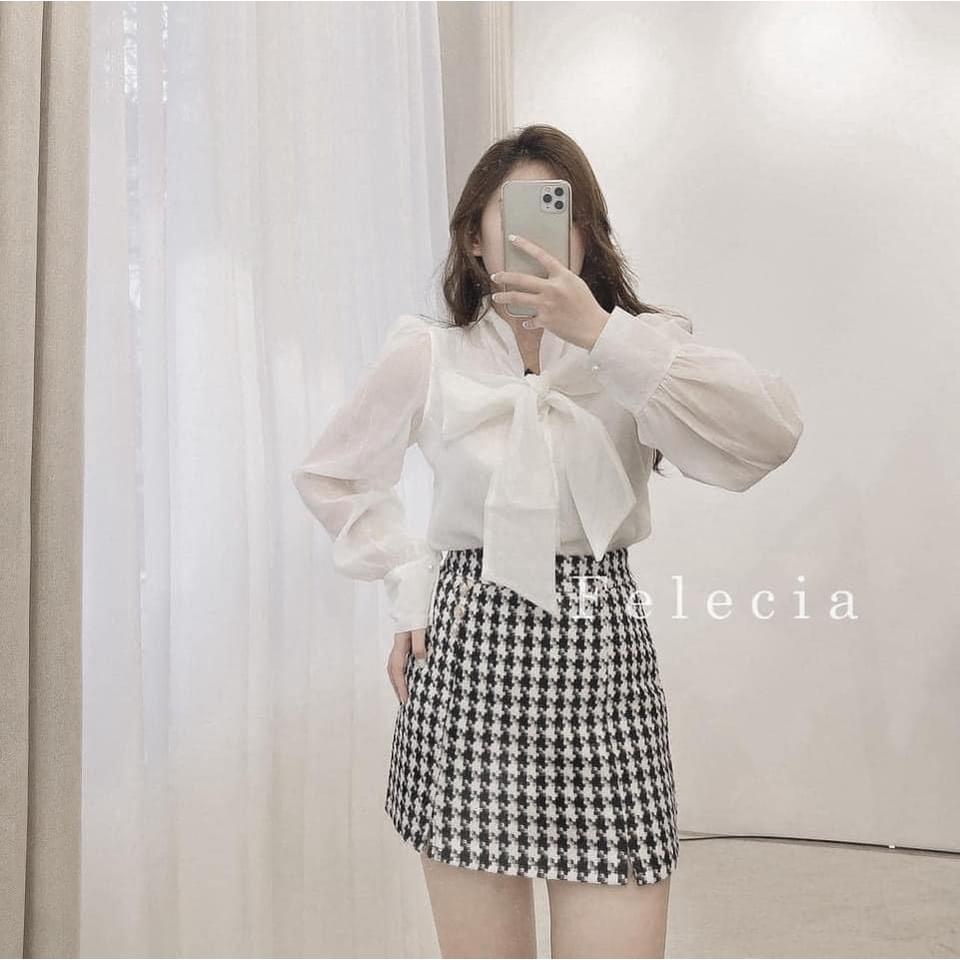 ÁO SƠ MI TƠ THẮT NƠ CỔ TAY BỒNG ĐÍNH KHUY - DRA0029