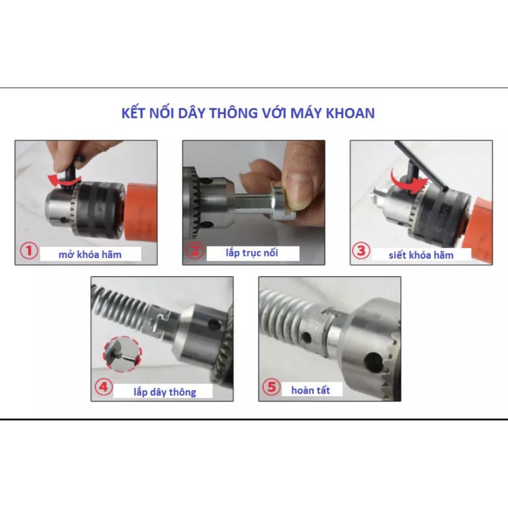 Bộ dụng cụ dây thông tắc dùng máy khoan gồm dây 16mm, 6 đầu thông và đầu kết nối máy khoan
