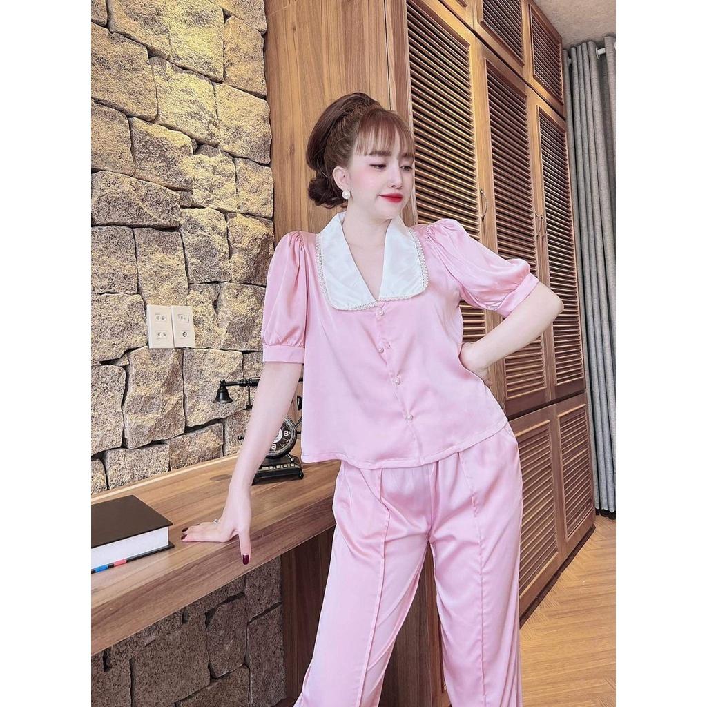 Bộ Pijama Quần Dài, Đồ Mặc Nhà Nữ Chất Lụa LATIN, Vải Đẹp, Bộ Ngủ Tay Ngắn Phối Lá Cổ Ren, Phom Dưới 56kg