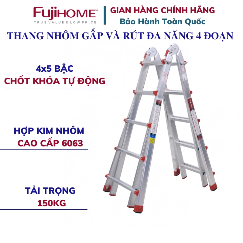 Thang nhôm FUJIHOME ML45 4 đoạn cao tối đa 5m, Hợp kim nhôm cao cấp, Xếp nhiều hình dáng