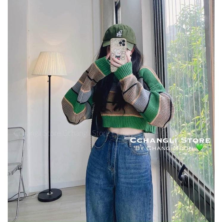 Áo len nữ dài tay kẻ xanh croptop hót hít