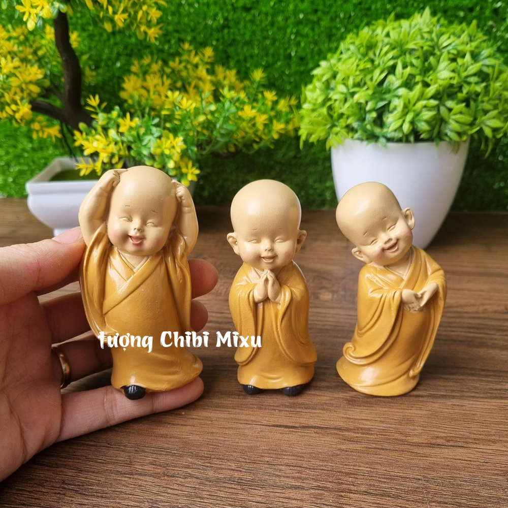 Bộ 03 tượng chú tiểu an nhiên, chú tiểu yêu đời màu áo nâu 8cm