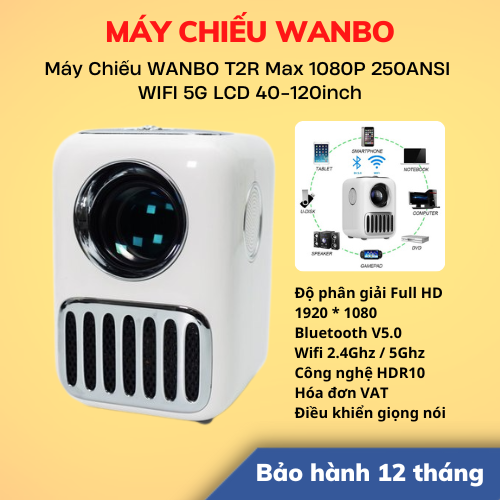 Máy Chiếu Xiaomi WANBO T2R Max 1GB 1080P 250ANSI WIFI 5G LCD 40-120 inch - Hàng Chính Hãng - Màu Trắng