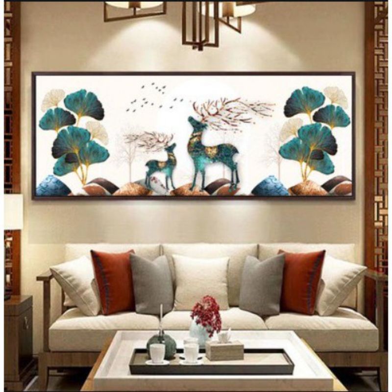 Tranh thêu chữ thập chỉ lụa Hươu tài lộc 150x60cm