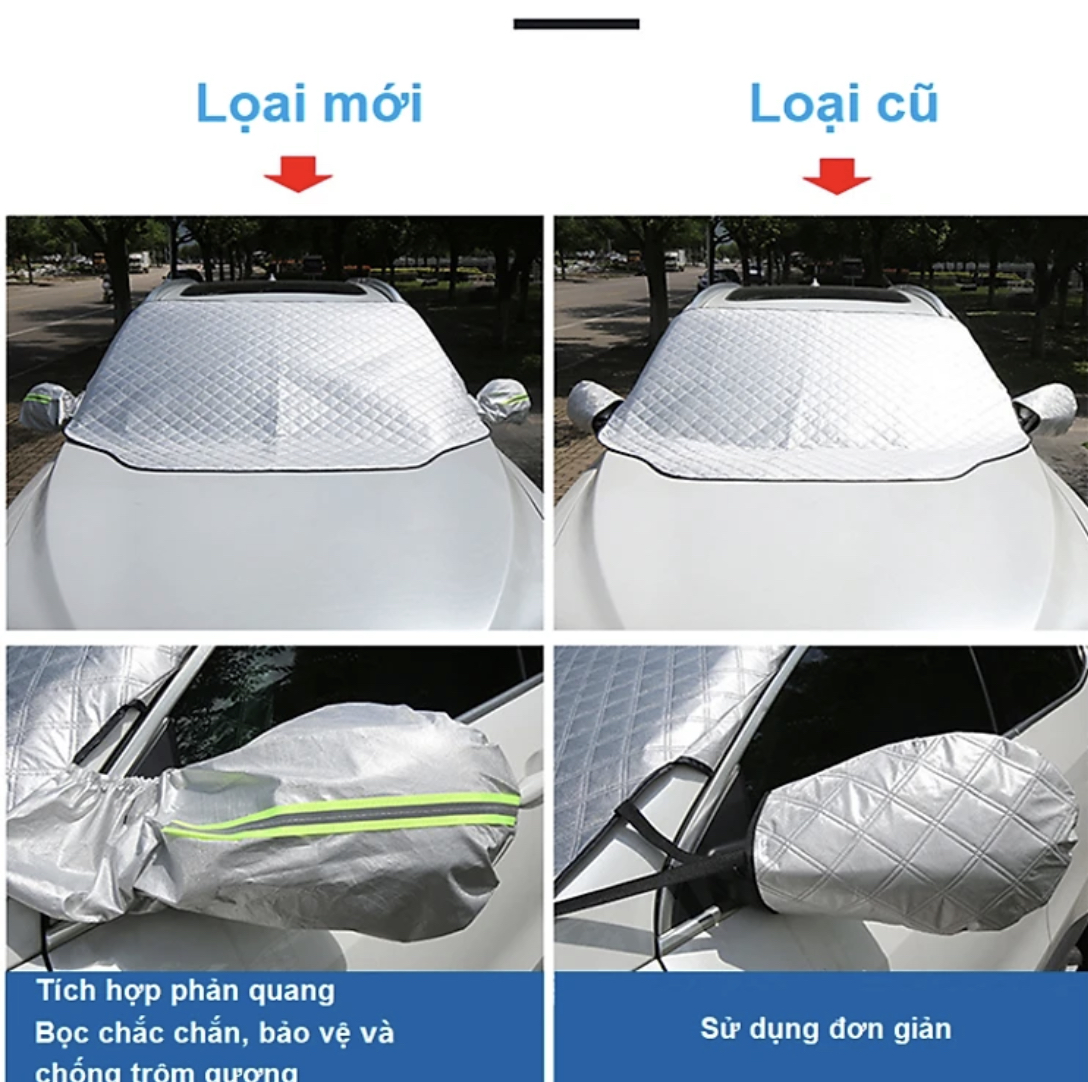 Bạt Chống Nắng Kính Trước Xe Ô Tô Loại Lớn, Có Bọc Gương Chiếu Hậu - Chống Tia UV, Tia Cực Tím