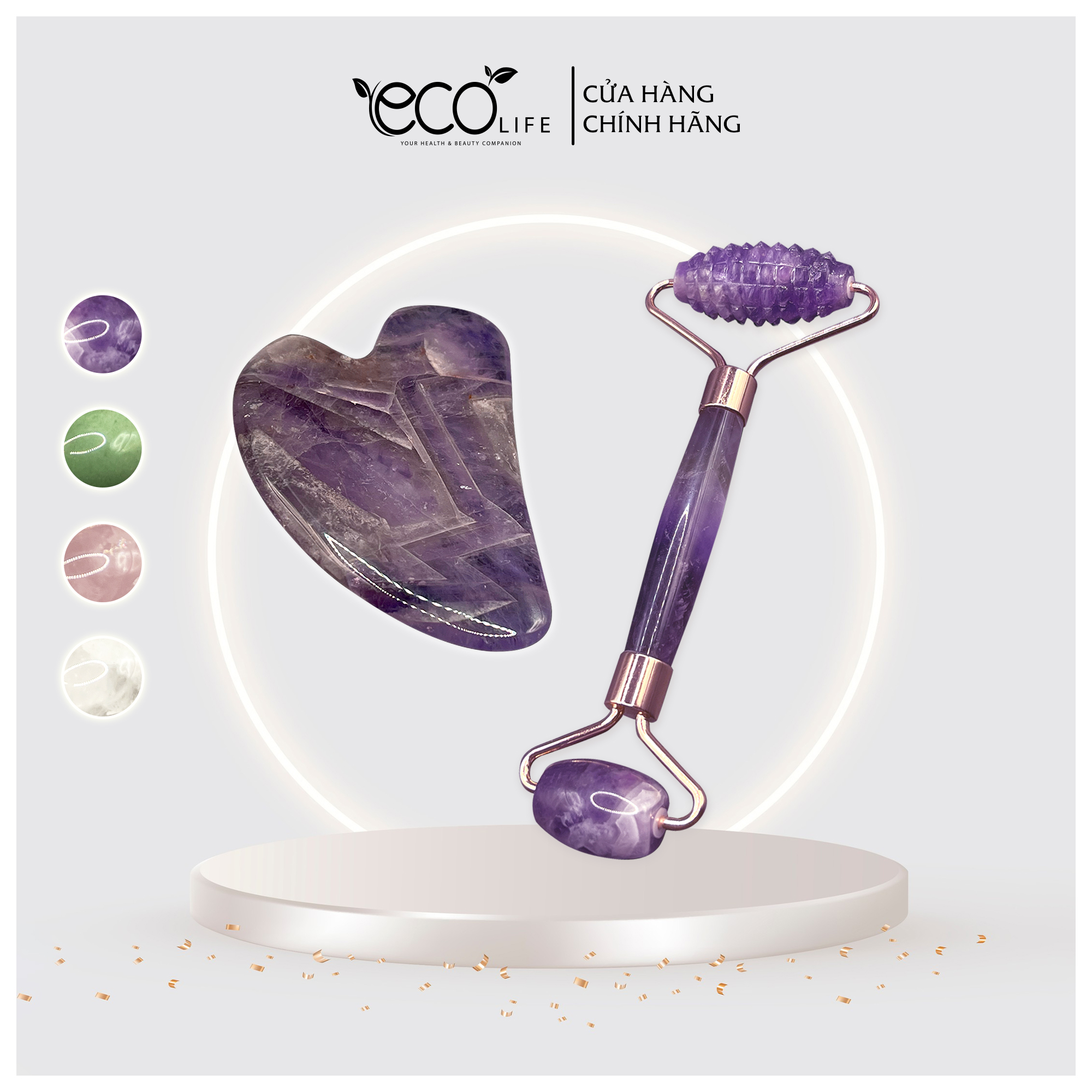 Combo thanh lăn massage và Guasha chất liệu đá thạch anh tím tự nhiên