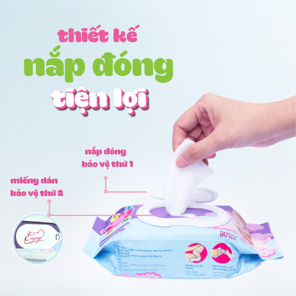 Khăn ướt baby ENJOY mềm mại, dưỡng ẩm, tiện dụng, đạt chuẩn sức khỏe SGS - Gói 20/50/65/80 tờ