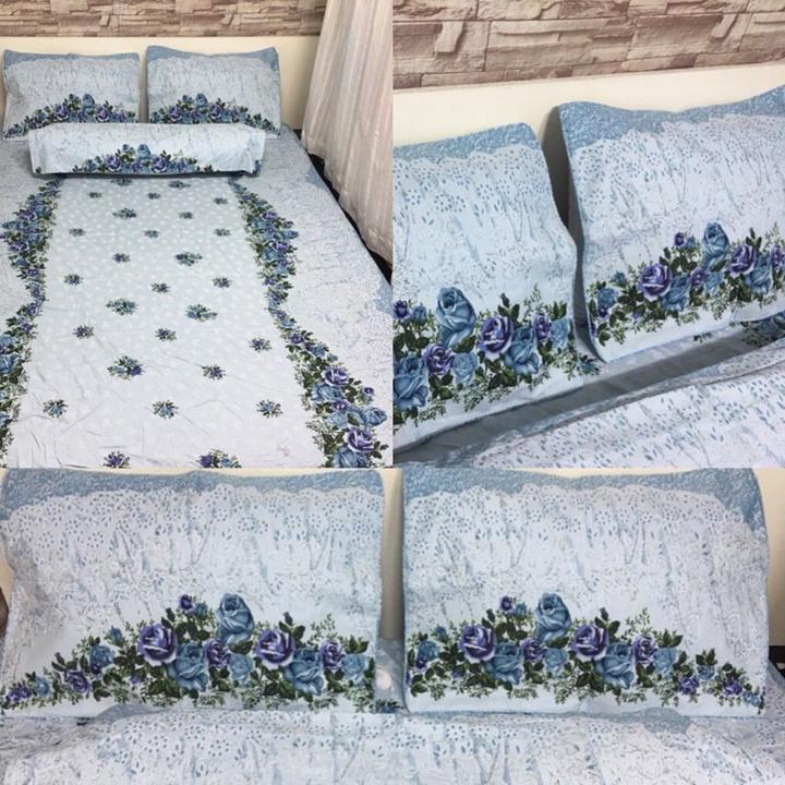 Bộ chăn drap coton TL 100% hoa dây xanh dương
