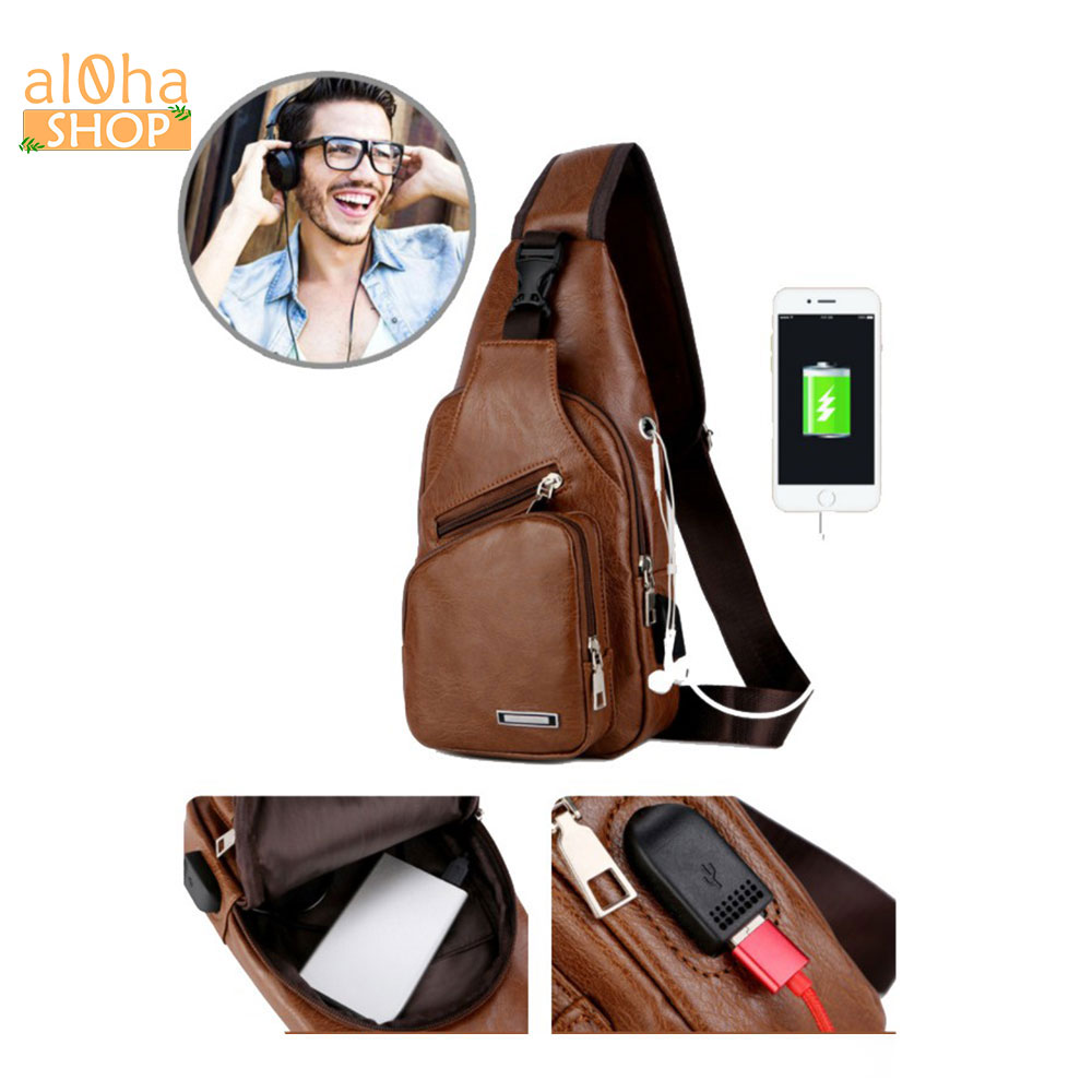 Túi đeo chéo tích hợp dây sạc USB da cao cấp, 4 ngăn unisex nam nữ chống nước - al0ha Shop